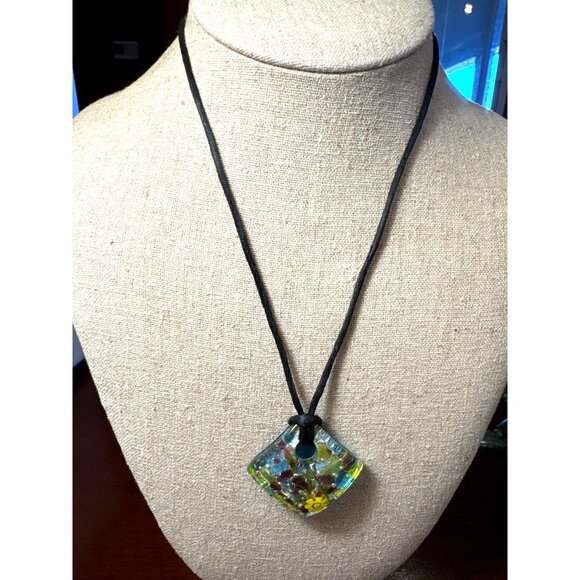 Murano Glass Millefiori Dichroic Square Pendant Necklace VS Artisan Blue Floral - Picture 2 of 9